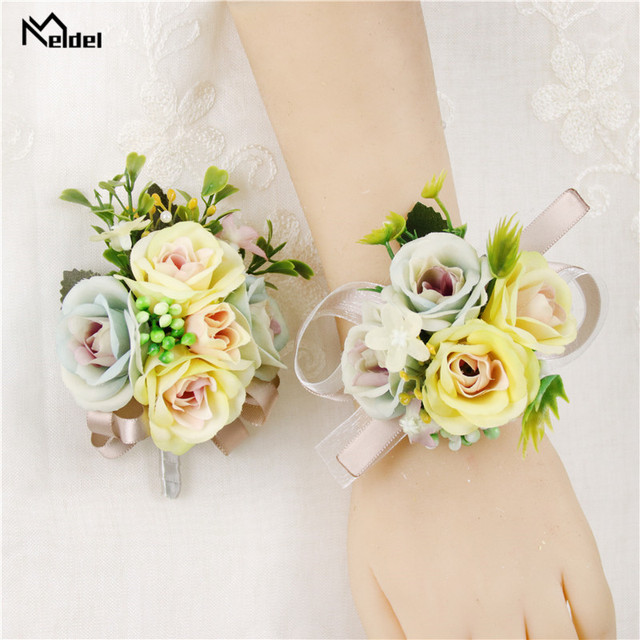 Meldel Wedding Wrist Corsage Bridesmaids Bracelet Silk Flower Wrist Corsage  Bracelets Wedding Hand Flowers Boutonniere Groomsmen - AliExpress